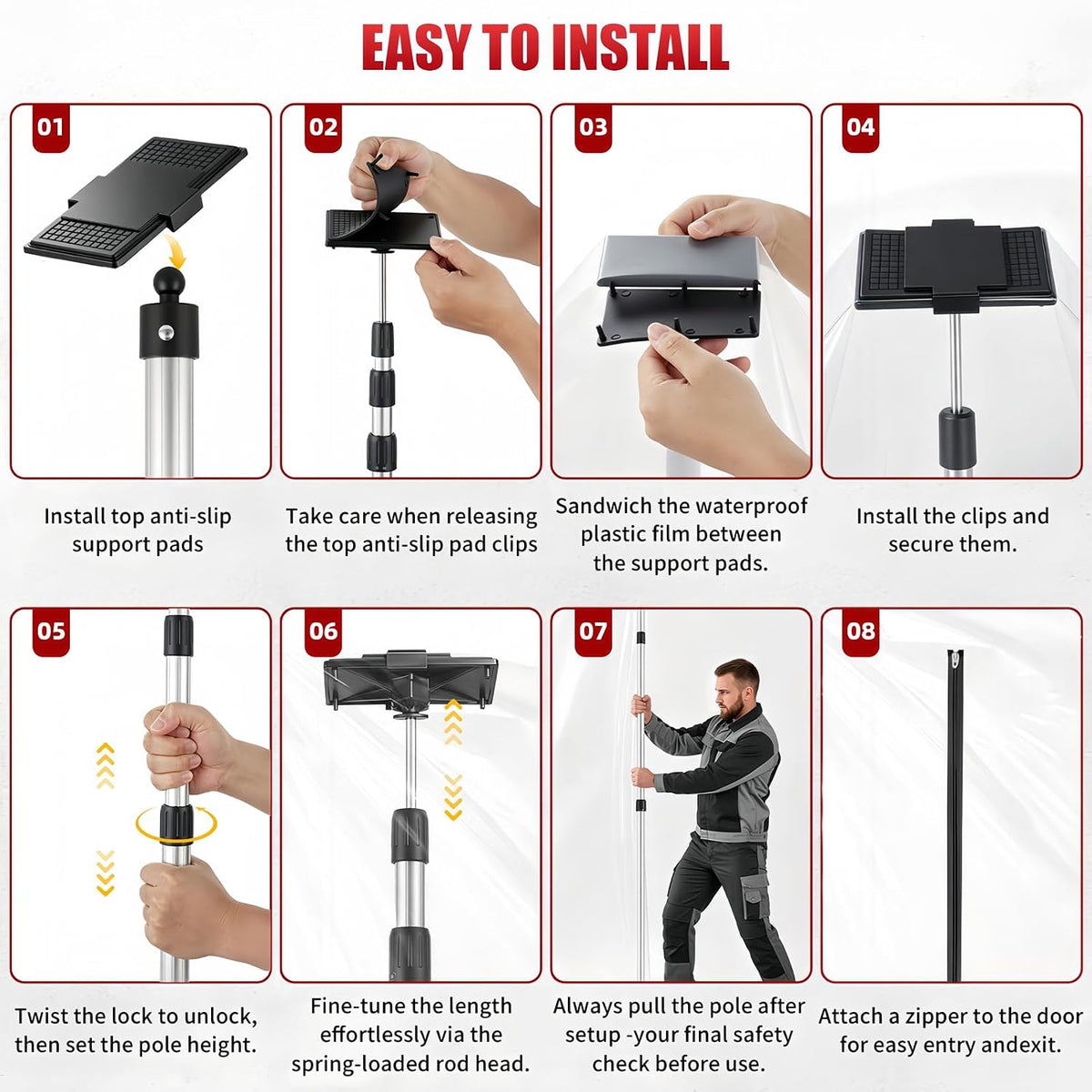 12FT Spring Dust Barrier Poles Kit, Retractable Zip Wall Pole Kit