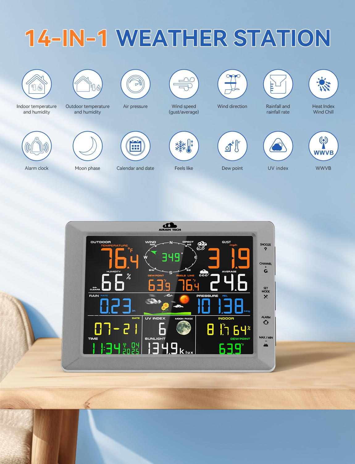 Wireless Weather Station with Outdoor Sensor, Rain Gauge, Wind Speed, Direction, Temperature & Humidity, Moon Phase, Chill Index, Dew Point, and Barometric Pressure (No WiFi).