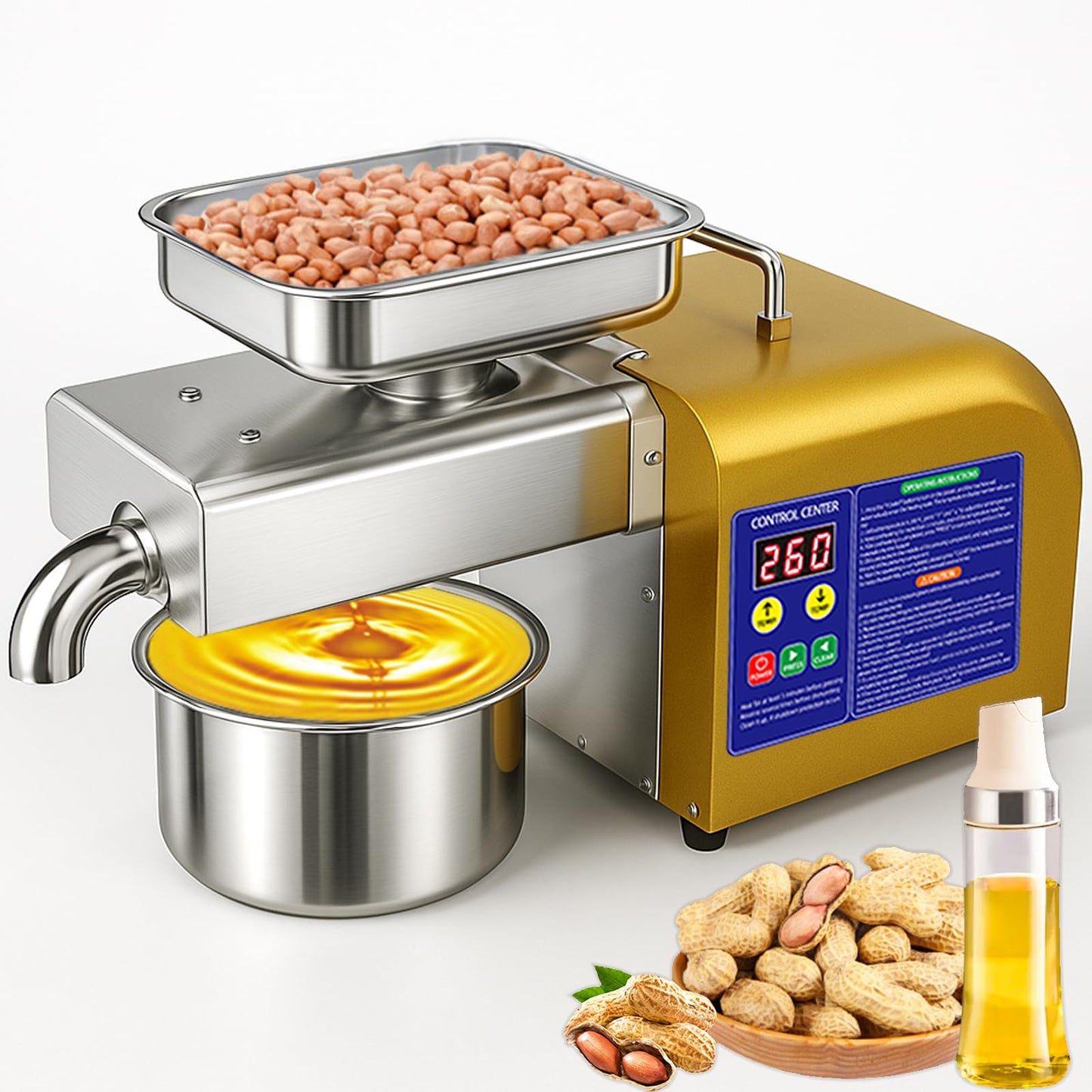 1800W Automatic Seed Oil Press Machine, Hot and Cold Extraction | Stainless steel, 11-20 lb/h output, 104-572°F control for home and commercial use with peanuts, sesame, soybeans and walnuts
