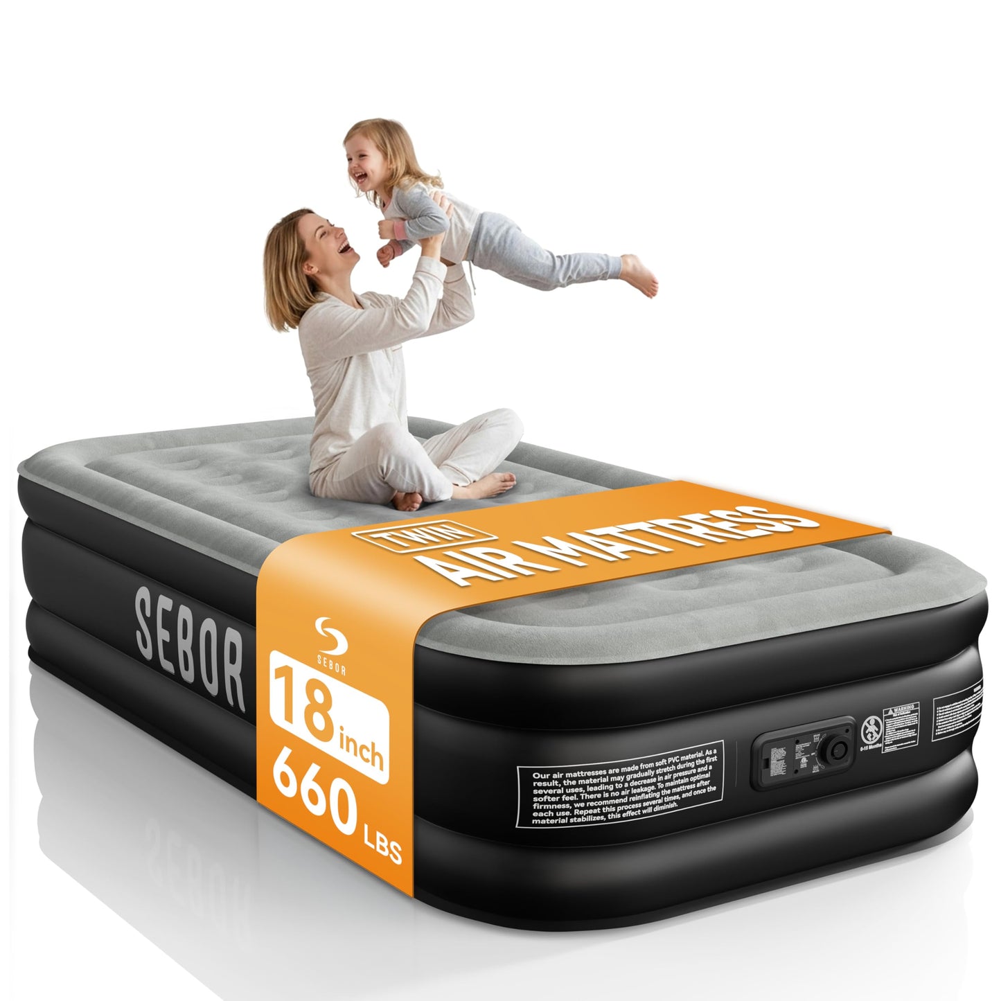 Sebor Air Mattress Twin with Built-in Pump 18", Comfortable Self-Inflating Air Mattress with High-Speed Pump, Durable Blow Up Mattress Twin with Storage Bag for Guests, Camping, Travel