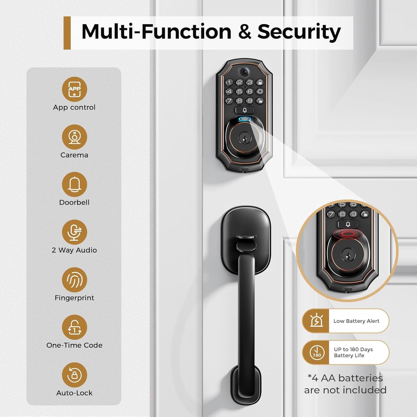 Keyless Entry Door Lock Deadbolt with Handle Set - WiFi Door Lock with Camera - 5 in 1 Camera+Doorbell+Fingerprint Keyless