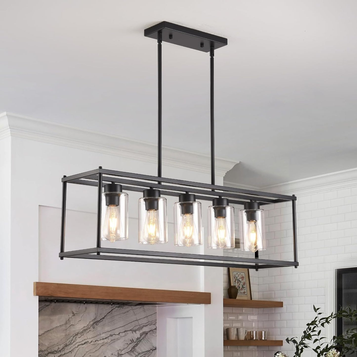 Black Dining Room Light Fixture, 5-Lights Modern Rectangular Chandelier with Clear Glass Shades, Farmhouse Line