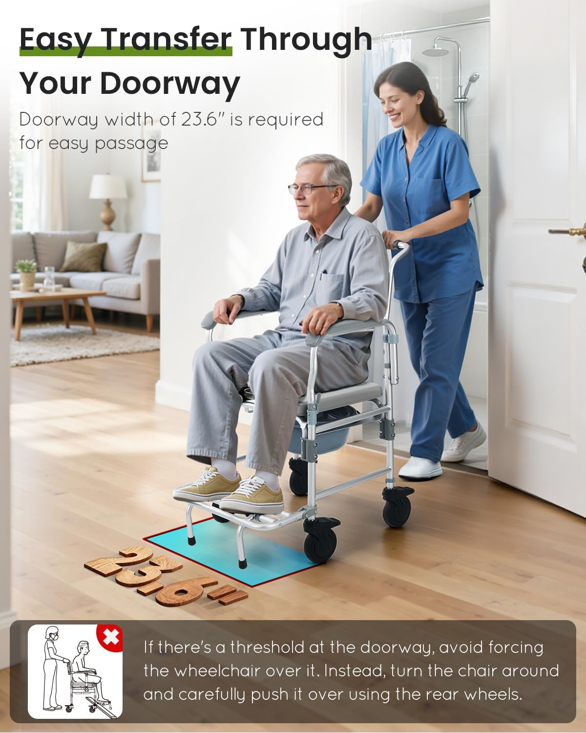 Shower Chair with Wheels & Commode for Elderly and Disabled | 330 lbs heavy-duty aluminum rolling bath chair, flip-up armrest for easy transfer, includes 5" enlarged casters & safety belt