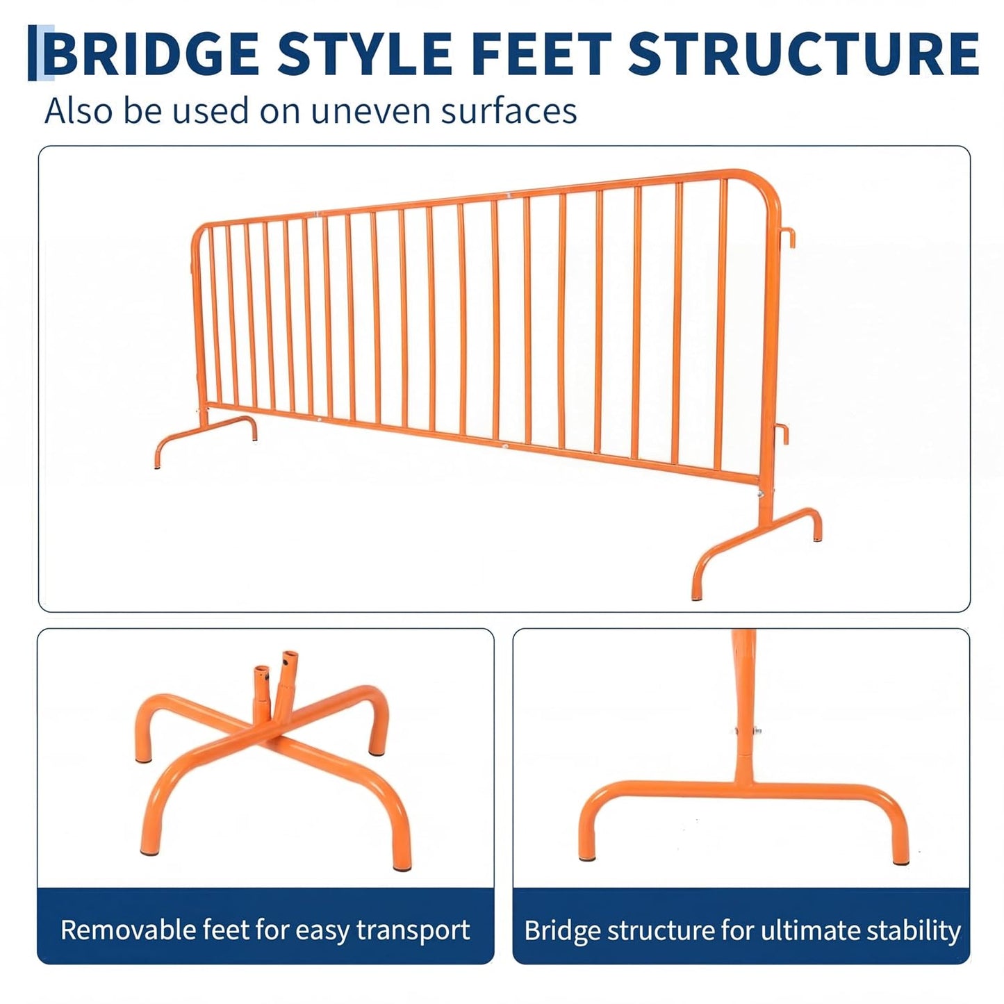 Interlocking Steel Barricade, 7.5 Ft. Heavy Duty Galvanized Metal Barricade, Interlocking Steel Road Barriers with with Bridge Feet Base, for Crowd Control Event Fencing Indoor/Outdoor, Orange