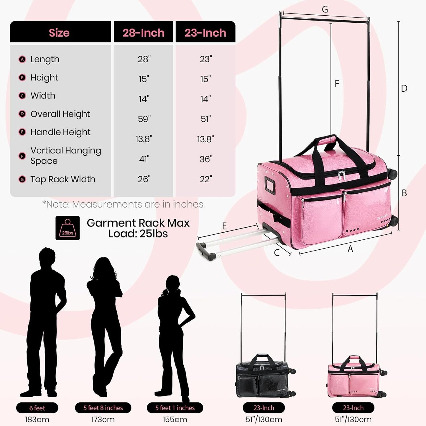 Fanwoli 23" Rolling Dance Duffel Bag with Garment Rack | Detachable 4-Spinner Wheels | Waterproof Glitter Fabric | Competition Travel Luggage for Cheerleader, Skating, Gymnast & Sleepover | Pink Sparkling Pink