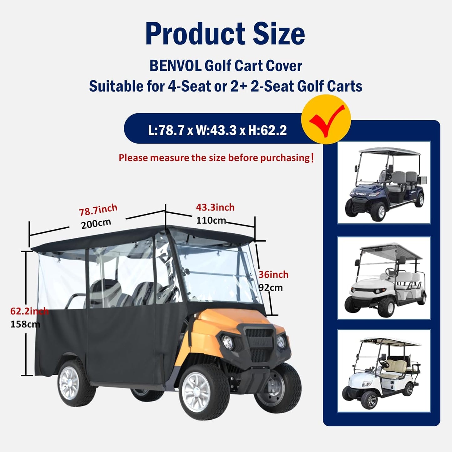 BENVOL Golf Cart Enclosure 4 Passenger –Roof Up to 78", Heavy Duty 900D Waterproof Rain Cover,0.5mm Clear PVC, Fits Club Car Precedent/Onward/Tempo, EZGO & Yamaha, Winter Windprood Cover 4seat-black