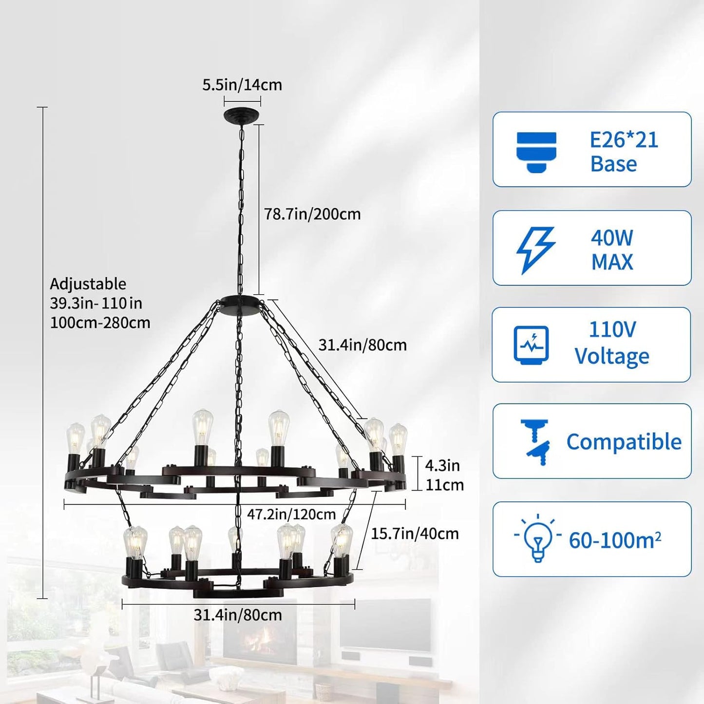 AGOLOOD 2 Tier Wagon Wheel Chandelier, 21-Light Wooden Wagon Wheel Chandelier, Rustic Farmhouse Round Chandelier with Adjustable Chain Easy Assemble