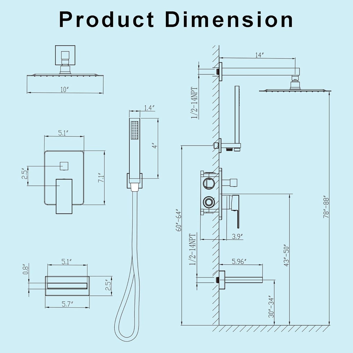 Holispa Shower System with Tub Spout, All Metal Tub Shower Faucet Set with 10 Rain Shower Head and Handheld Spray combo, Wall Mounted Tub Shower