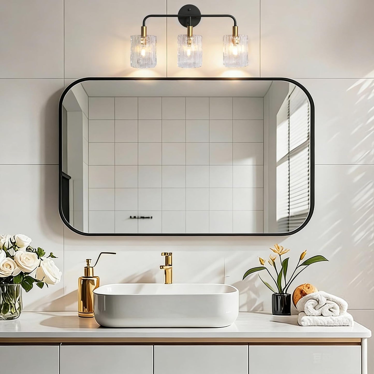 3-Light Glass Bathroom Vanity Lights Over Mirror, Black and Gold Bathroom Light Fixture with Clear Glass Shade, Modern Bathroom Wall Sconce Lighting for Mirror, Living Room (E12)