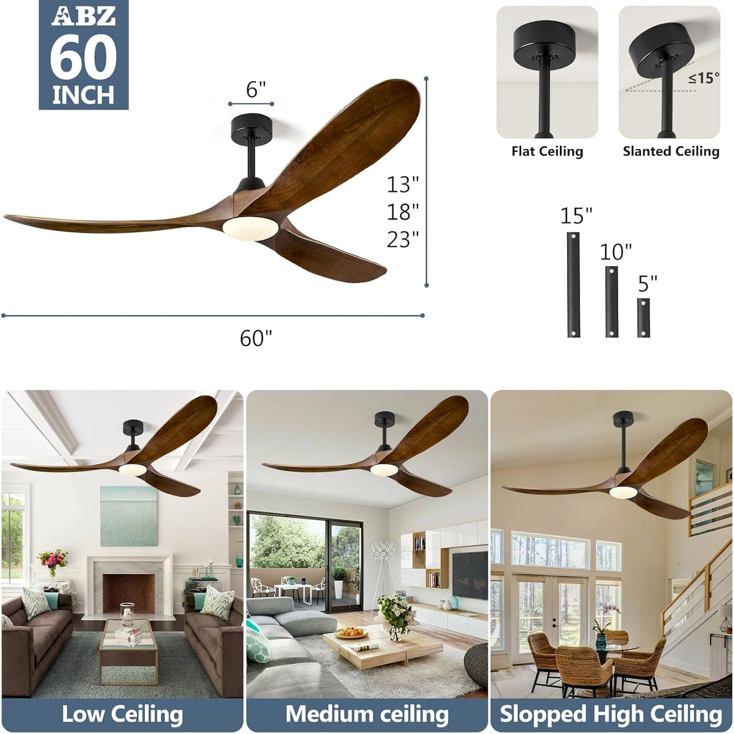 ABZ Ceiling Fans with Lights - 60 inch Propeller Ceiling Fan with Remote Control, 3 Blades Walnut Solid Wood Ceiling Fan for Indoor Outdoor Patio