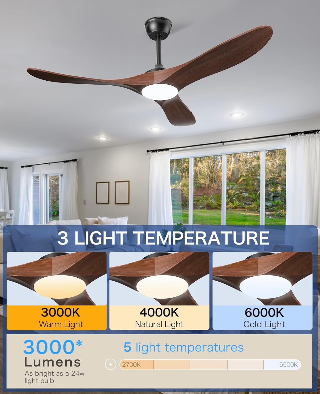 Ceiling Fans with Lights and Remote, 3 Solid Wood Blades, Outdoor Wooden Ceiling Fan with 2 Downrods for Patios, 52 Inch Modern Ceiling Fan with