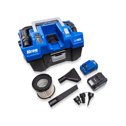 Kreg 20V Ionic Drive Wet/Dry Vac with HEPA Filter Kit - Cordless HEPA Shop Vacuum for Dust Collection, Debris & Liquid Cleanup - 50 CFM Suction - Blower Function - Includes 4Ah Battery and Charger