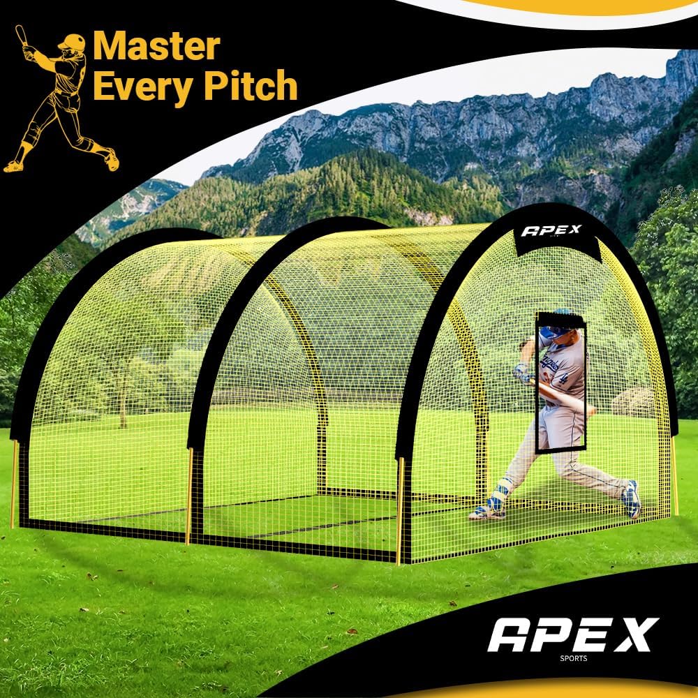 Apex Sports Portable 22ft x 12ft x 8ft Baseball & Softball Batting Cage with Pitching Machine Hole, 3ply 1.25&#39;&#39; Yellow Netting, Secure Steel