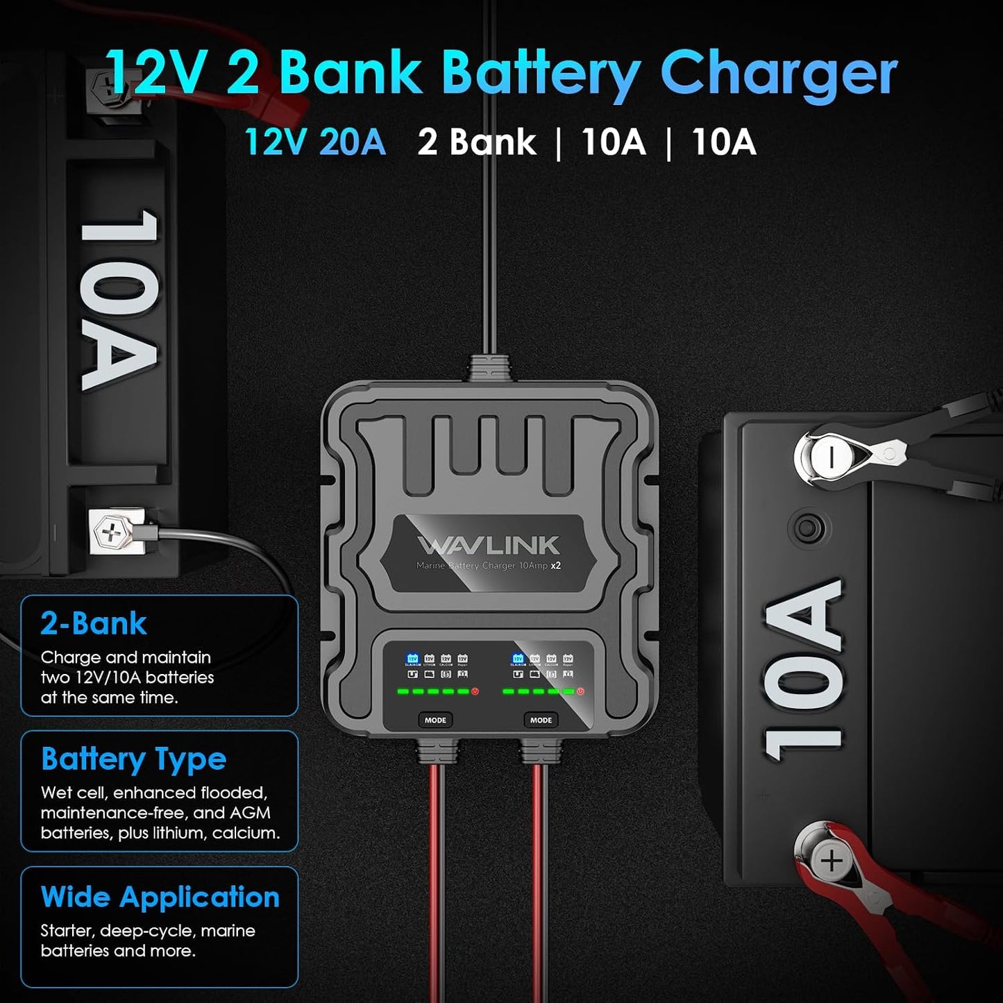 Wavlink 2 Bank 20A Marine Battery Charger 12V IP68 Onboard Battery Charger | 10A Per Bank, Multi-Stage Charging & Desulfating Repair, Multi-Protection, Fits SLA/AGM/LiFePO4/Calcium Batteries