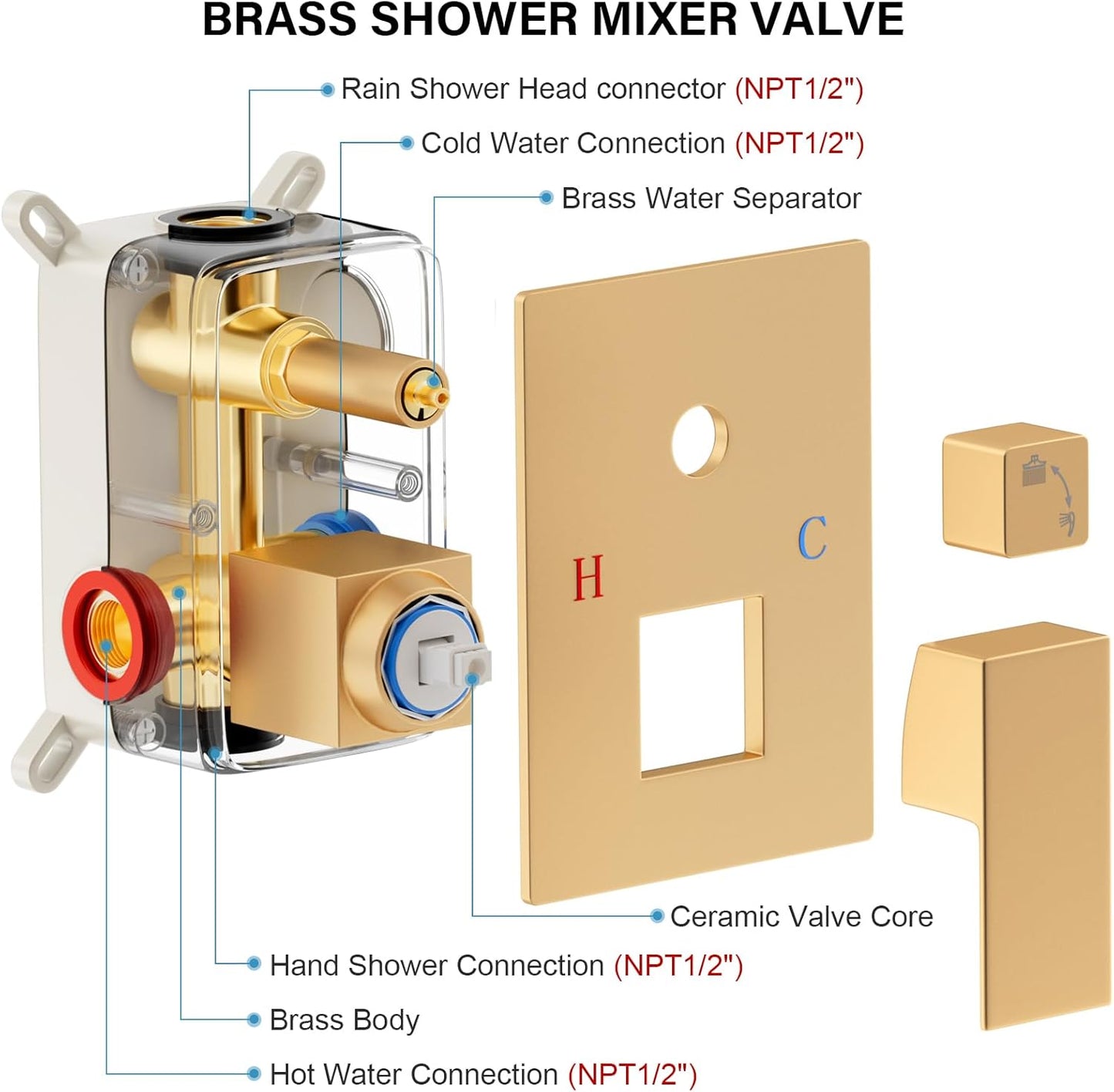 FPXRNG Gold Shower Faucet Set, Rainfall Shower System with Rain Shower Head and Handle Set, Wall Mounted Shower Fixtures, Full Metal Trim Repair Kit