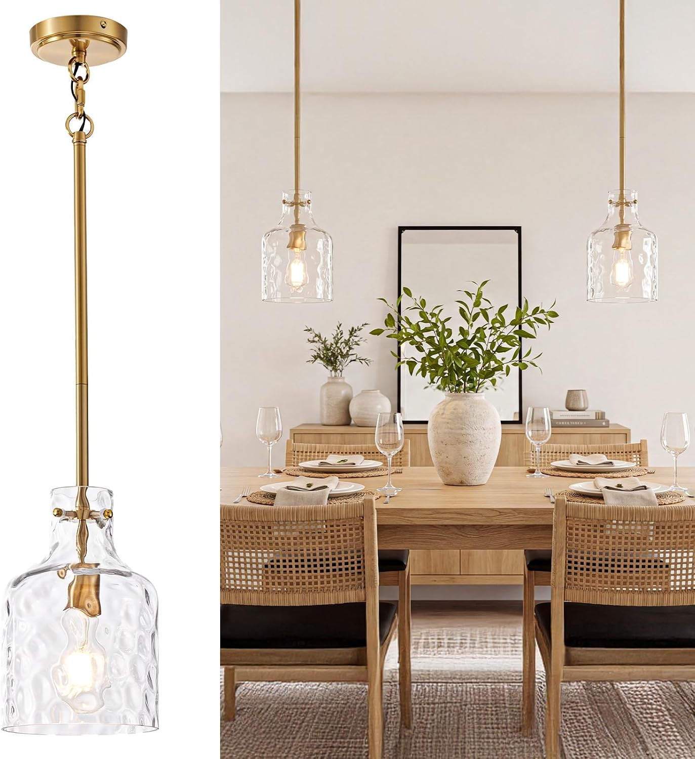 Pendant Light Fixture for Kitchen Island, Brushed Gold, 1 Pack | 7-inch Clear Hammered Glass Shade, Sturdy Metal Rod, Adjustable Height, E26 Socket, Ceiling Mount, Hardwired, 120V