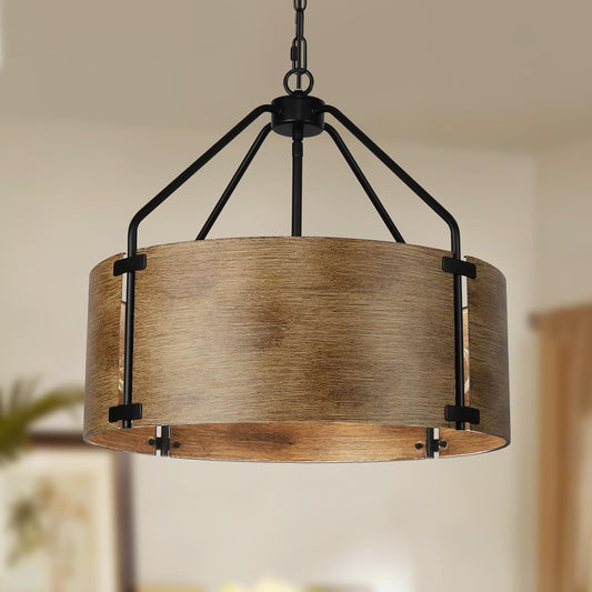 CNRATYE 4-Light Farmhouse Drum Chandelier, Rustic Industrial Round Metal Hanging Light Fixture for Dining Room Foyer Entryway Kitchen Bedroom Living