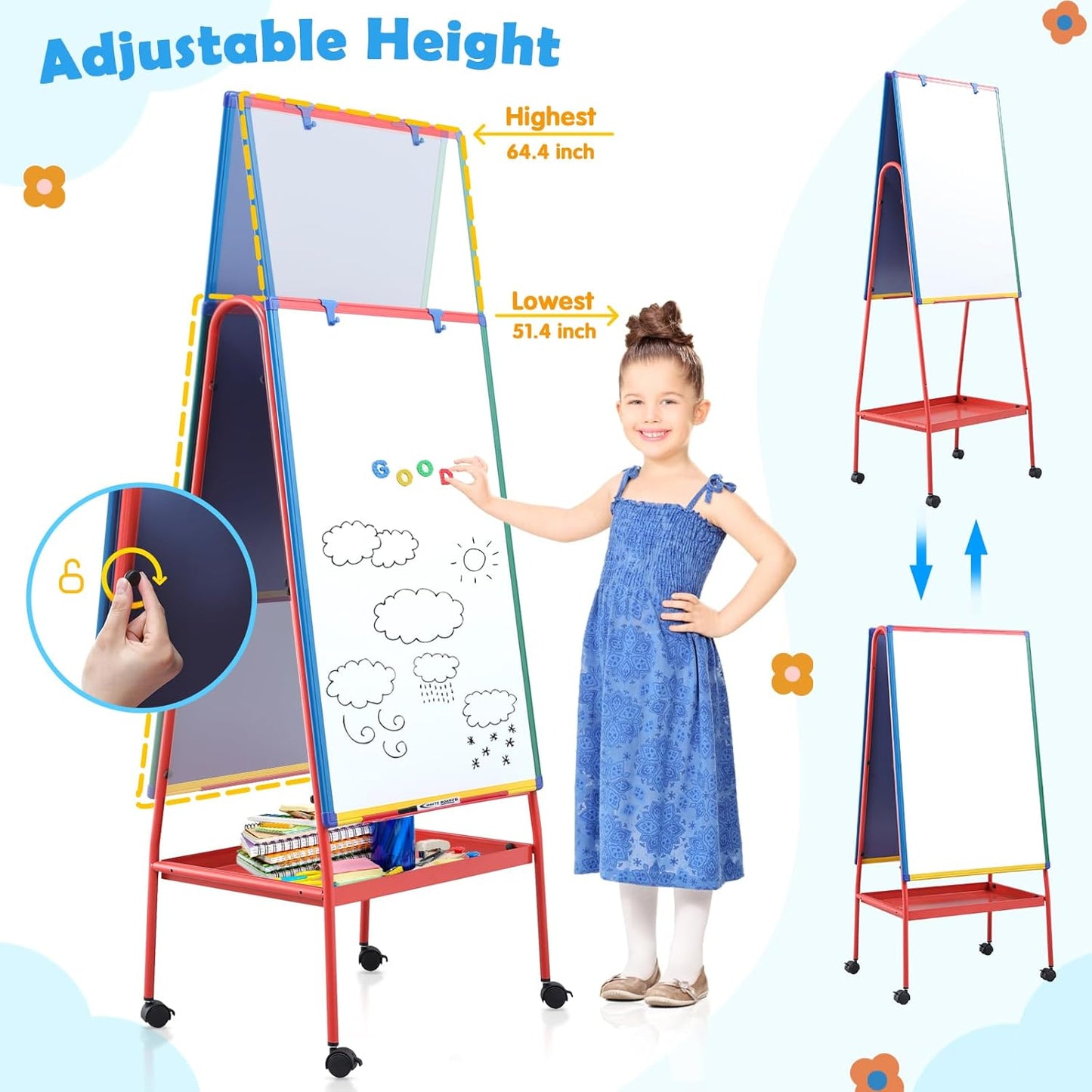 Mobile Dry Erase Board with Stand - 64.4&#34; H Double Sided Portable Whiteboard Kids Easel for Classroom,Height Adjustable Magnetic White Board on