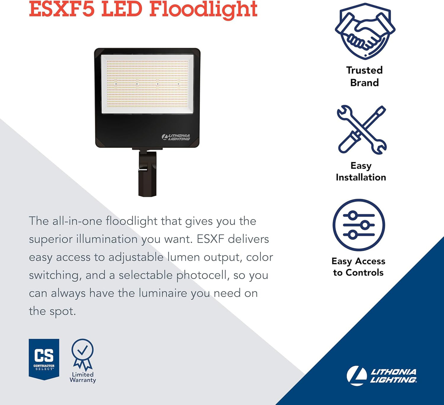 LED Outdoor Floodlight, Adjustable Lumen Output, Switchable White Color Temperature, Dusk-to-Dawn Photocell, Yoke or Slipfitter Mounting, UVOLT,