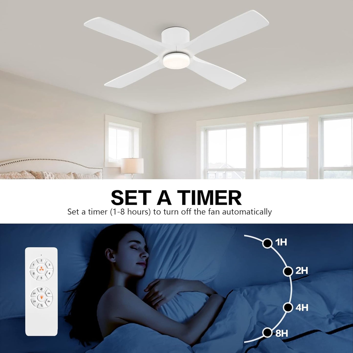 60 Inch Flush Mount DC Ceiling Fan with Lights and Remote, 4 Reversible Carved Wood Blades, 6-Speed Noiseless DC Motor, Hugger Ceiling Fan in Gloss Wh