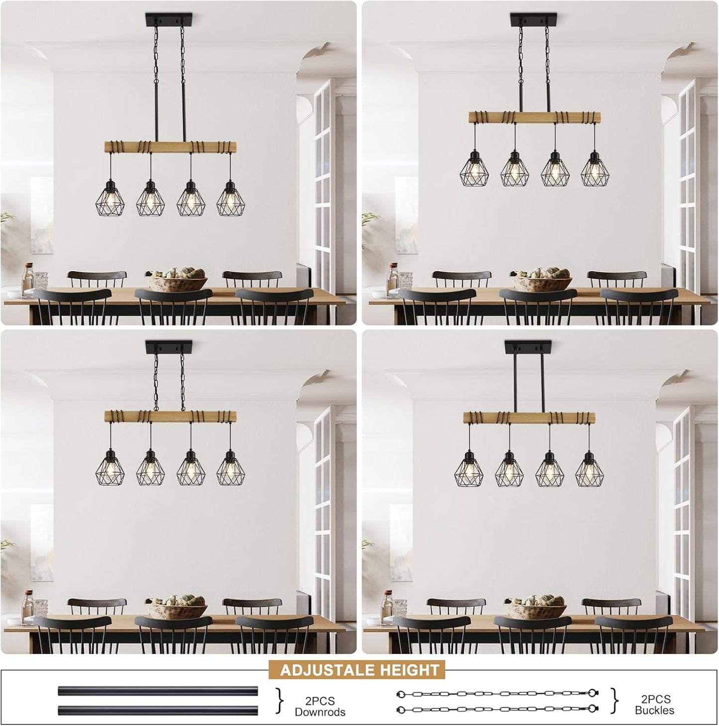 Dining Room Light Fixture Hanging for Modern Farmhouse 4-Lights Kitchen Island Lighting,Modern Chandelier Over Table Linear Chandeliers Black Rustic