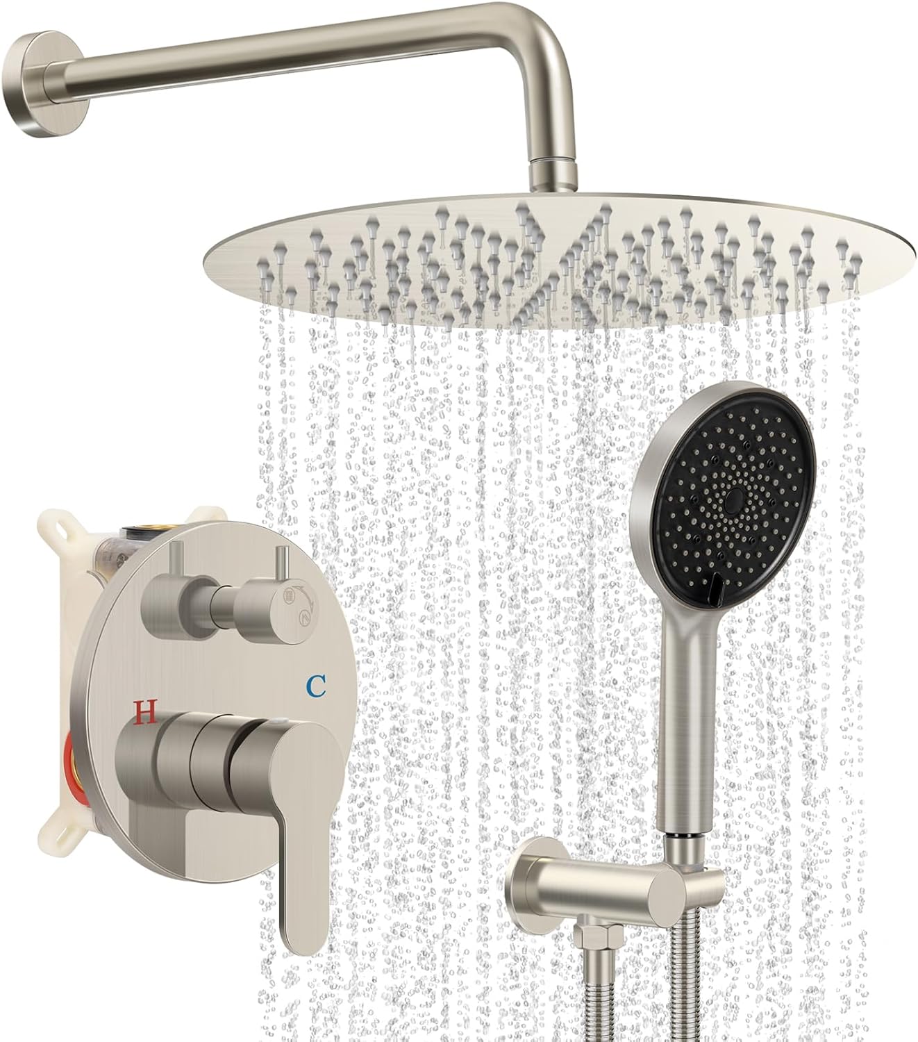 12 Inch Shower Faucet Set, High Pressure Shower Head and Handheld 3 Jet Combo Kit, Bathroom Wall Mount Rain Shower System, Includes Valve and