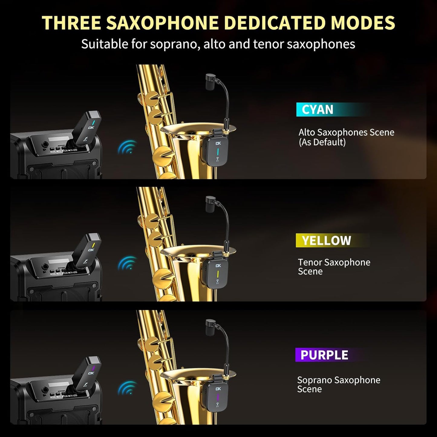 UHF Wireless Saxophone System, Clip-On Multifunctional Instruments Microphone with Charging Case, Three Sax Dedicated Modes, 131 Feet Transmission,