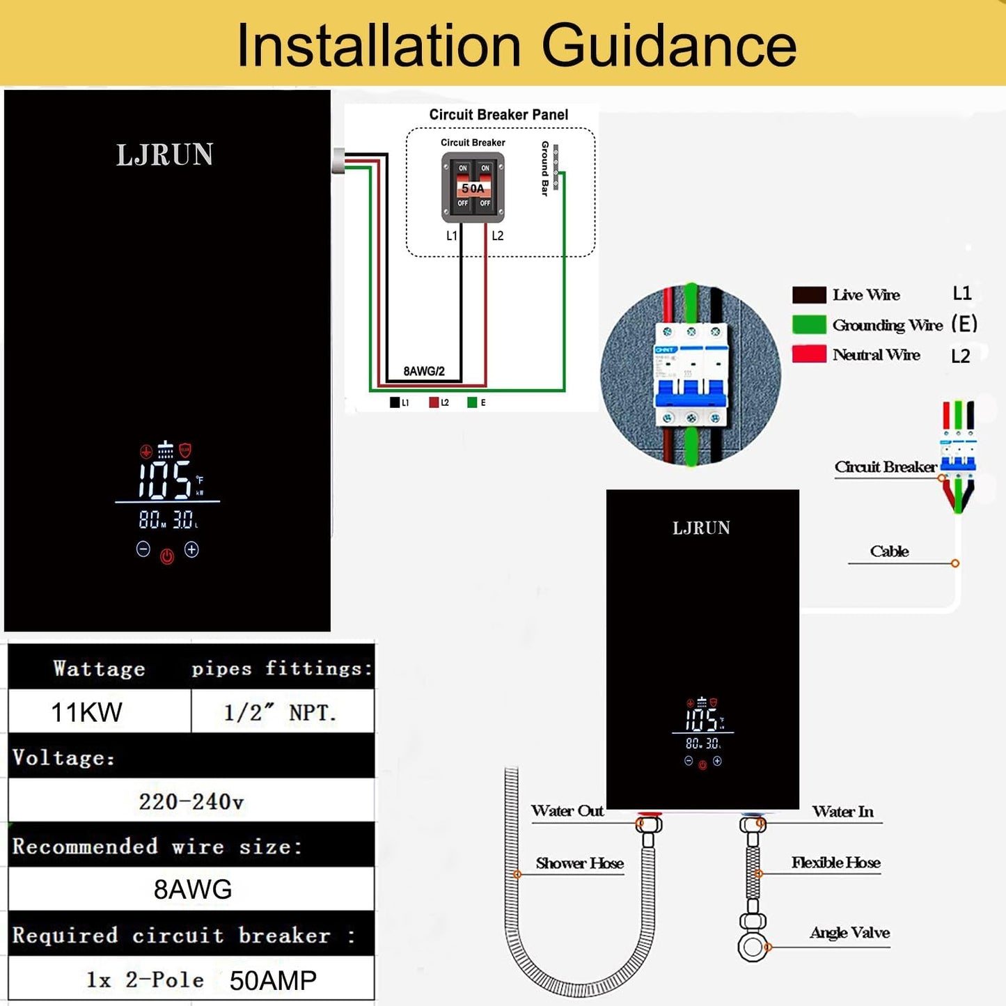 Electric Tankless Water Heater, LJRUN 11kW Instant Hot Water Heater on Demand 240V Point of Use Hot Water Heater for Kitchen Bathroom with