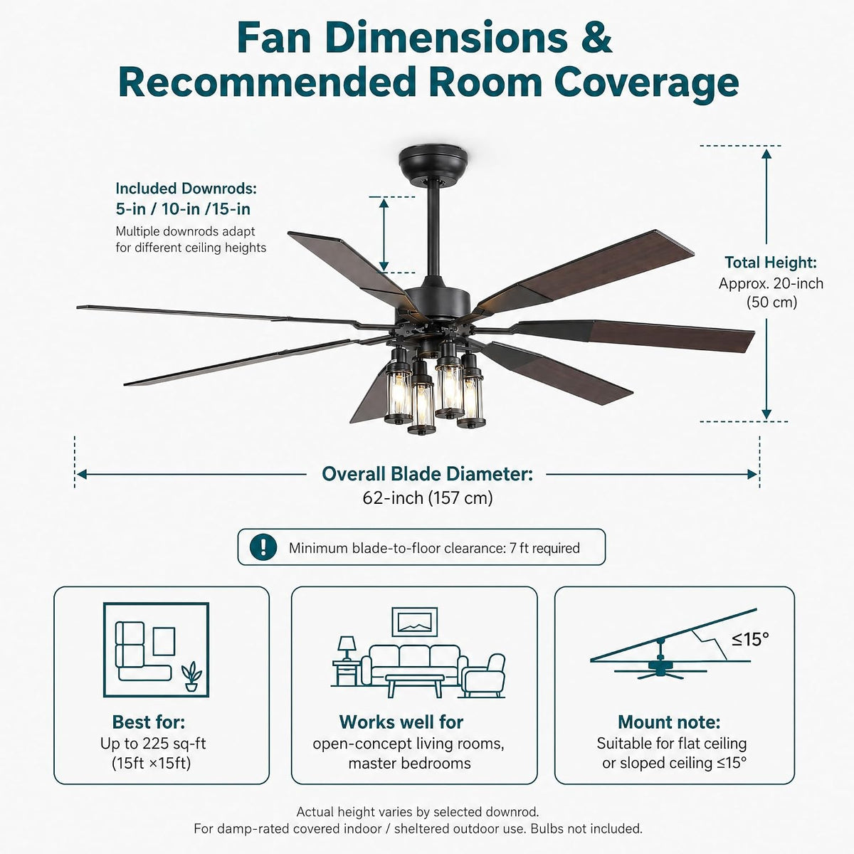 62 Inch Large Ceiling Fan with Light, Energy Efficient DC Motor 6‑Speed Reversible Fan, Dual‑Finish Walnut & Matte‑Black Blades, 4‑Head E12 Light Kit, For Living Room Bedroom Covered Patio