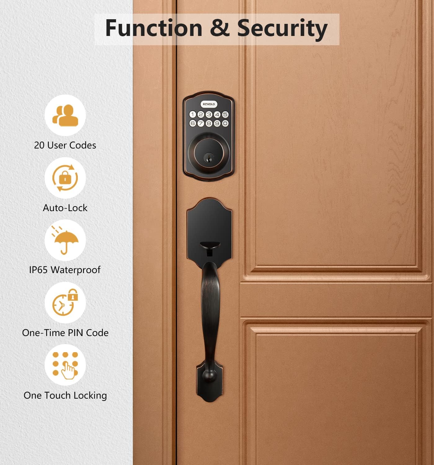 Revolo RE001 Electronic Keypad Deadbolt, Keyless Entry Door Lock, Keyed Entry, Auto Lock, Smart Lock with Handle, Front Door Handle Sets,