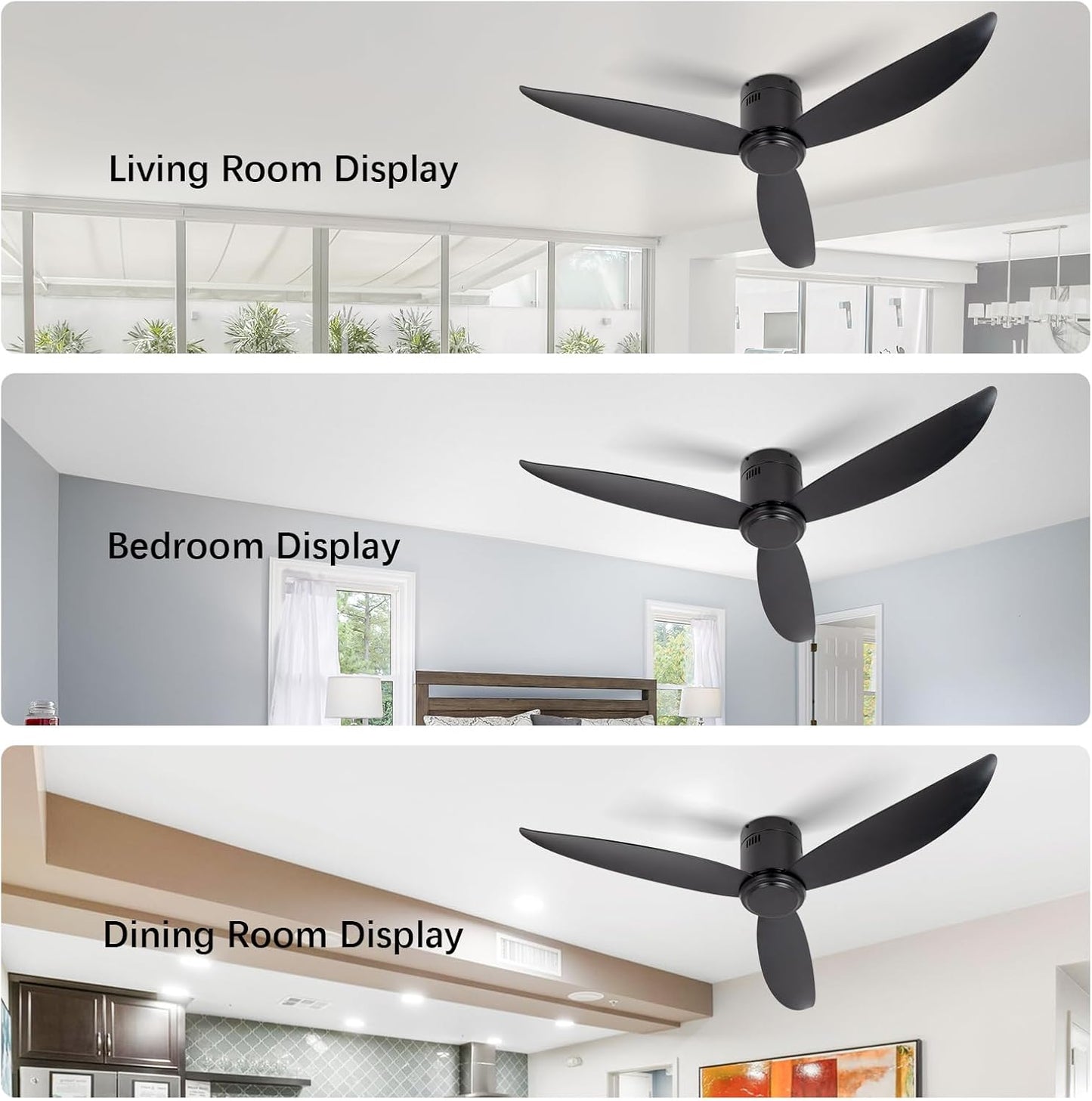 raccroc 52Flush Mount Ceiling Fan No Lights and Remote Control with 3 Black Reversible Blades Ceiling fan,6 Speed DC Motor Ceiling Fan (M3-Black 52in)