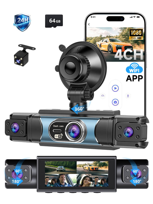 64GB 4 Channel Dash Cam 360° View, Car Dash Cam Front and Back 3.0 Inches Y-DC315, with Hardwire Kit