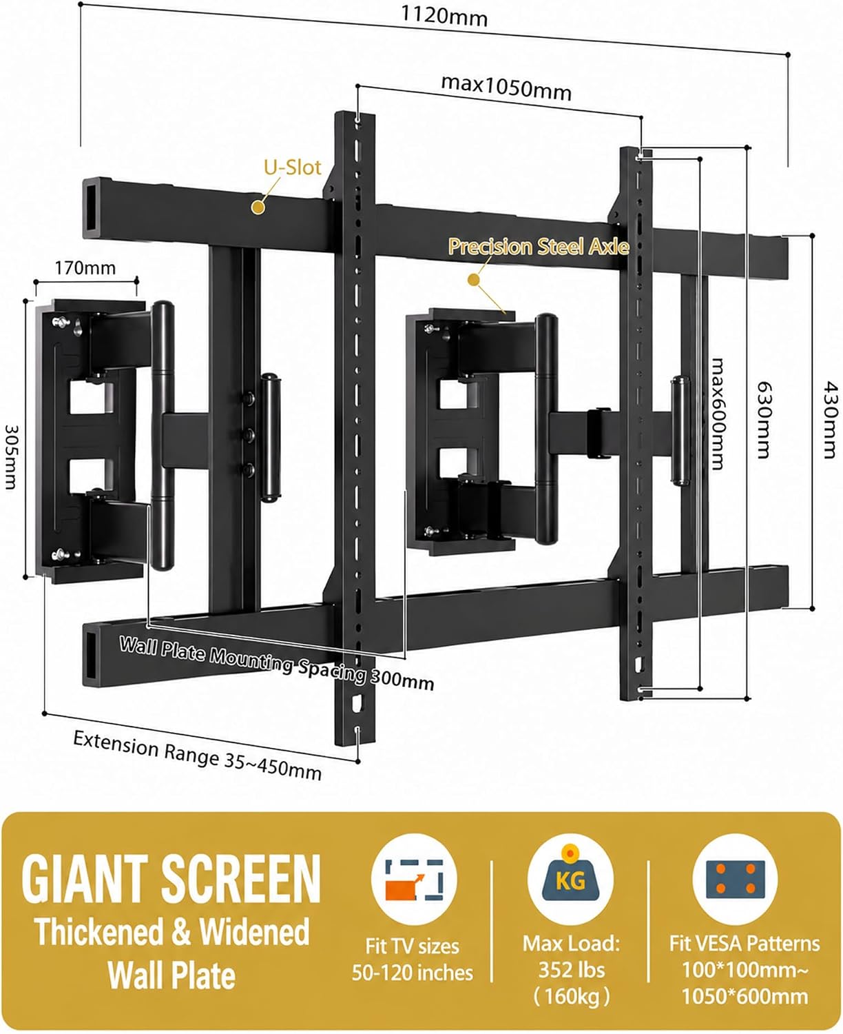 Heavy Duty Corner TV Wall Mount with Full Motion for 50-120" TVs, Holds 352 lbs, Fits Flat/Curved Screens, Swivel, Tilt & Extension, Max VESA 1050x600mm, DY1022