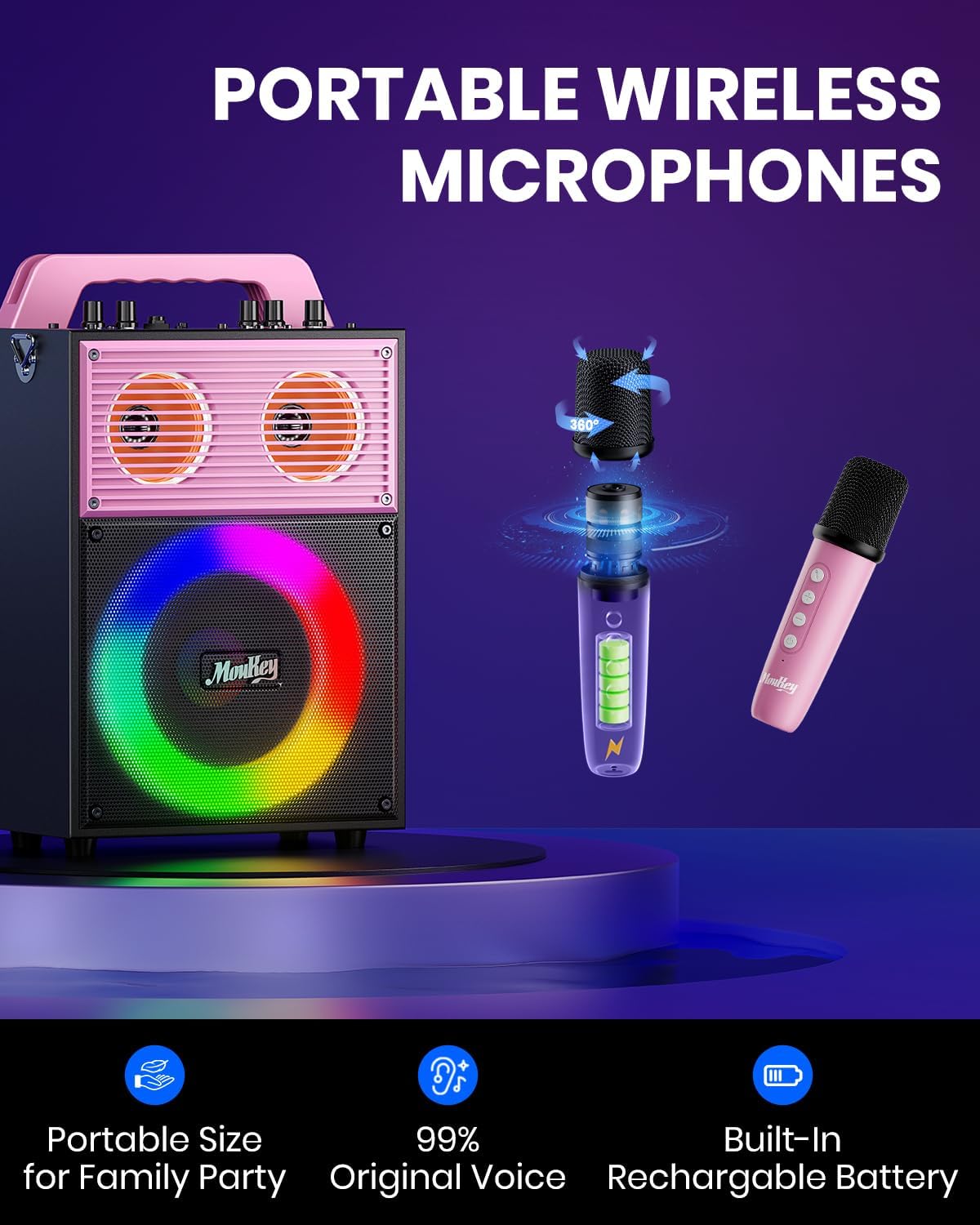 Moukey Karaoke Machine for Adults Kids Portable PA System Bluetooth Karaoke Speaker with 2 Wireless Microphones Party Speaker with Disco Light