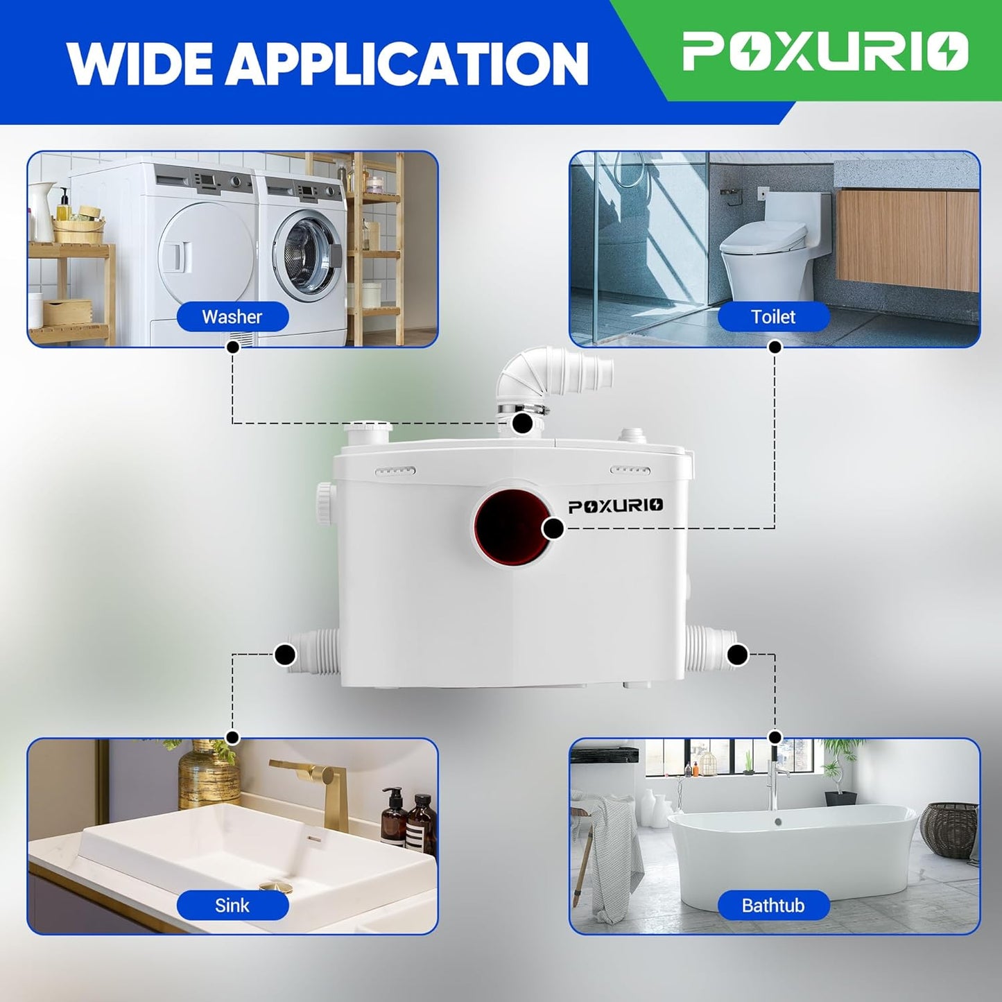 POXURIO 800W Macerator Pump for Macecrating Toilet, Upgraded 2 Outlets/4 Inlets Sewerage Sump Pump for Basemnet Toilet Disposal, Laundry, Sink, Shower