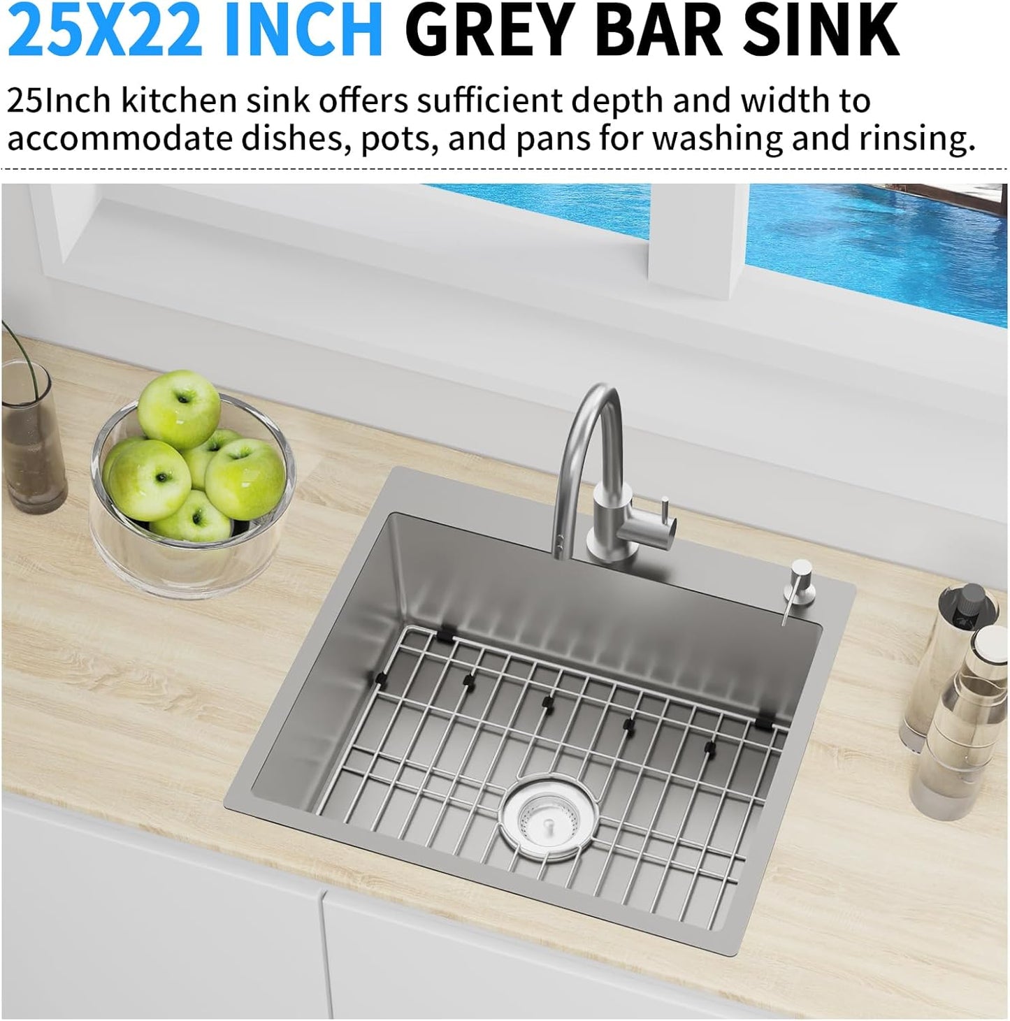 Grey Kitchen Sink,25x22 Inch Kitchen Sink Stainless Steel Drop In Kitchen Sink Topmount Stylish and Modern Look Sink With Bottom Grid,Silicon Mat And