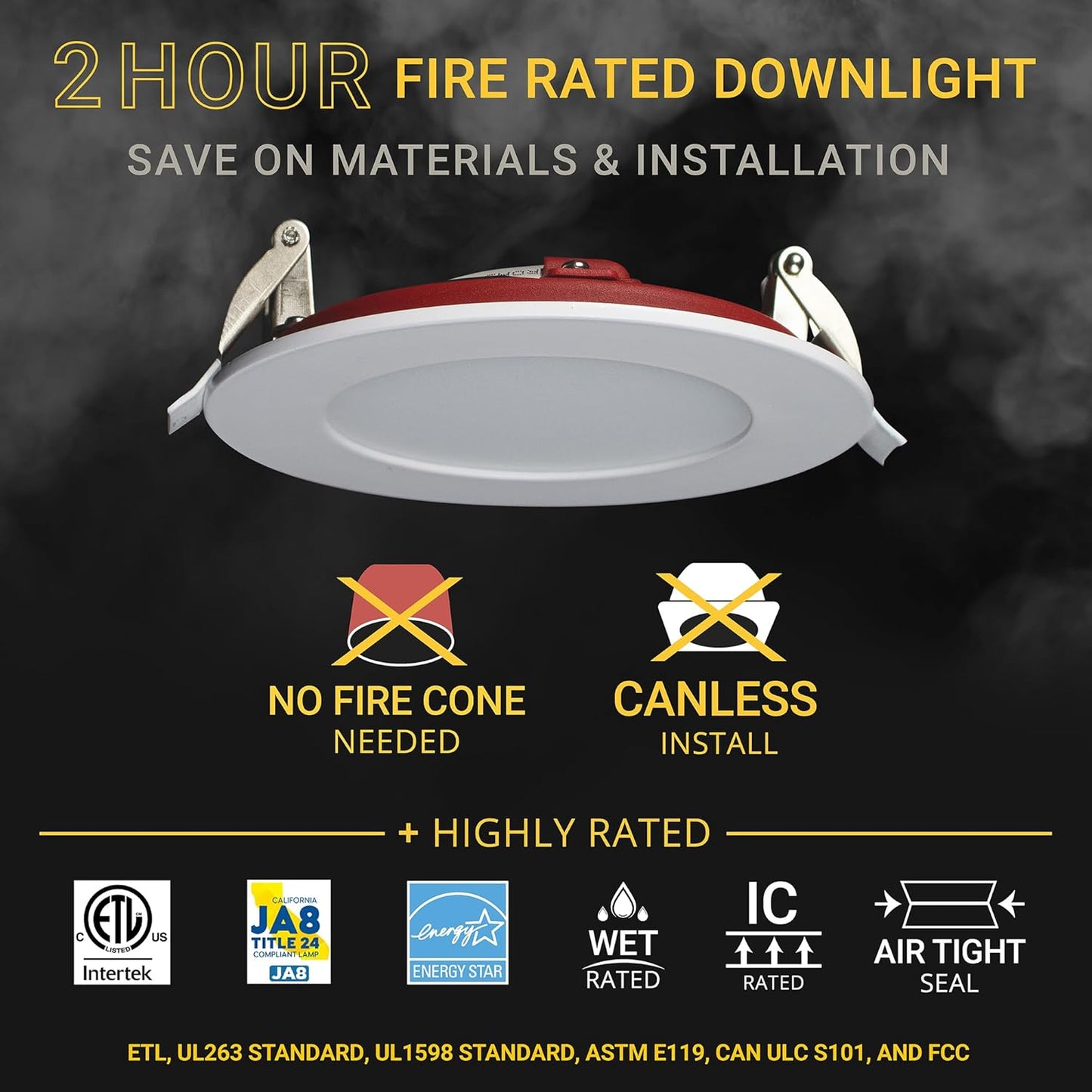 NUWATT 4 Inch 2 Hour FIRE Rated Ultra-Thin LED Recessed Light, 2700K/3000K/3500K/4000K/5000K Selectable, 900 Lumens, Di