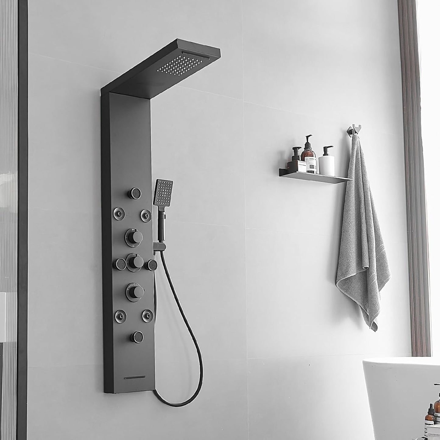 5 IN 1 Rainfall Waterfall Shower Panel with Handheld Shower Matte Black Stainless Steel Shower Tower Panel System Massage Body Jets with Tub Spout