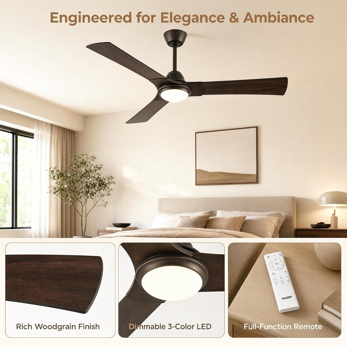 52 Inch Ceiling Fan with Light, DC Motor 52 inches Double Wood Grain