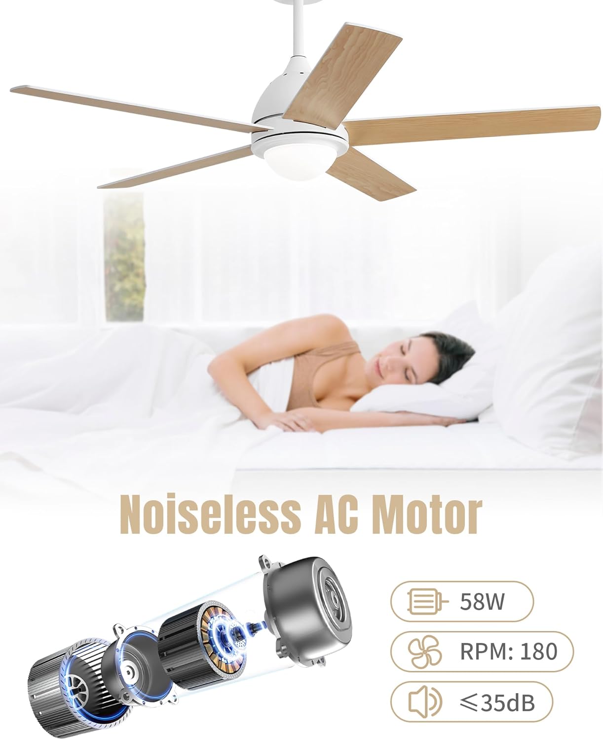 52 Inch Ceiling Fan with Light, Flush Mount Ceiling Fans with Wall Remote, 5 Double-sided Wood Blades, Noiseless AC Motor