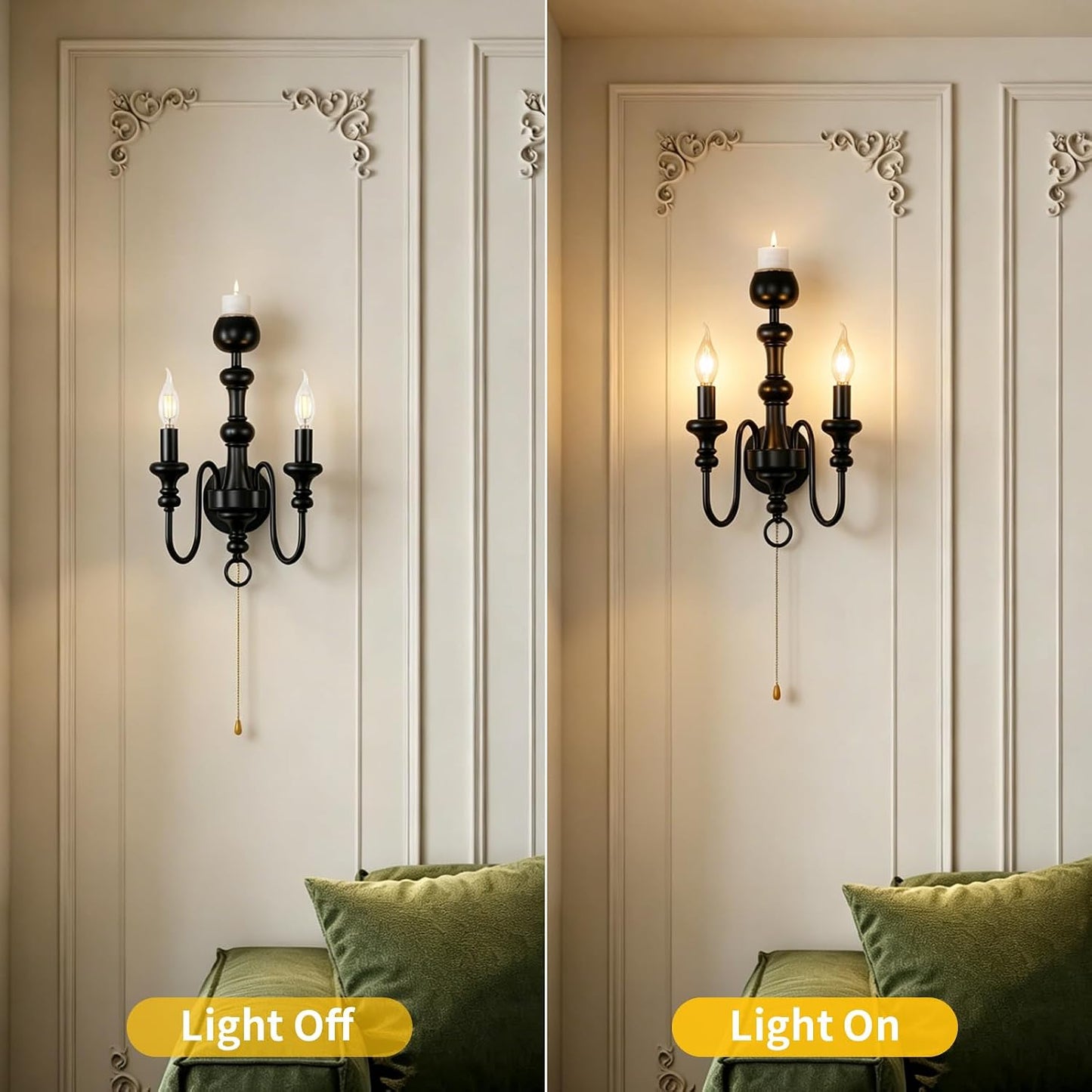 Matte Black Iron Double-Arm Wall Sconce, Retro Farmhouse Hardwired Lamp with Scented Candle Tray & Pull Switch for Home Decor (Candles Not Included)