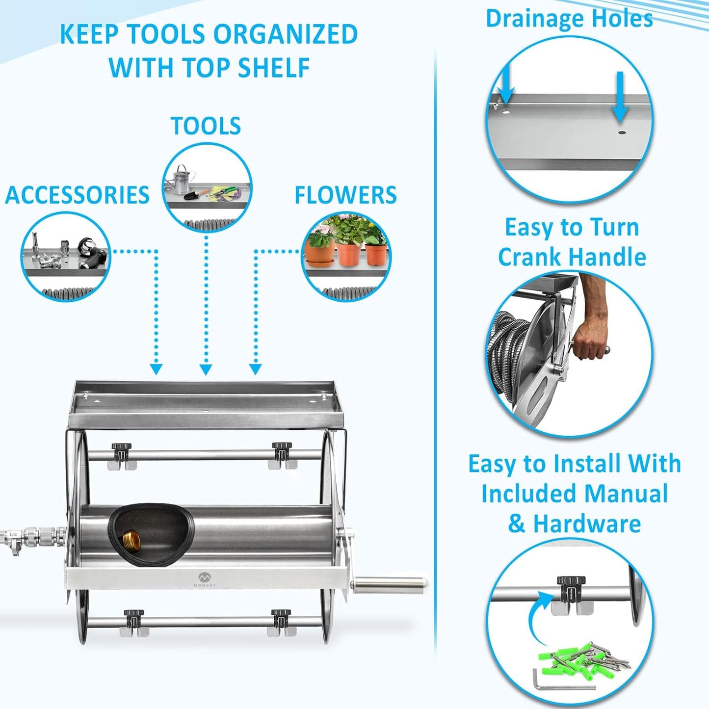 Morvat Stainless Steel Metal Water Hose Reel for 150FT Hose, Retractable Garden Holder with Storage Shelf & Crank, Wall/Floor Mount, Includes 100FT