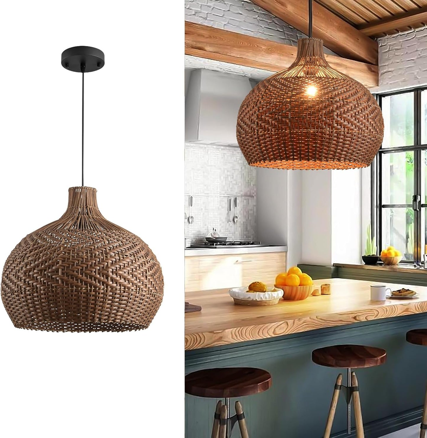 LHJIHFU Rattan Light Fixture Pendant Light, Modern Hand Woven Coffee Rattan Ceiling Hanging Pendant Light for Kitchen Island Dining Room Living Room