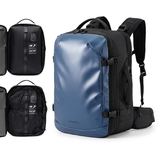 Fanwoli Travel Backpack with Vacuum System and Electric Air Pump, Vacuum Sealed Backpack for Traveling, Expandable Carry-on Travel Bag Ergonomic Lightweight Backpack with 17" Laptop Compartment Blue