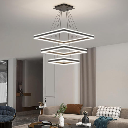 Modern Chandelier for Dining Room Light Fixtures Over Table Dimmable Remote Control 3 Layer Height Adjusted Square LED Modern Pendant Light for