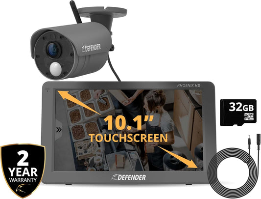 Defender Phoenix HD Wireless Security Camera System with 10.1 Touchscreen Monitor, 1 HD Outdoor Security Camera, No WiFi Required, Includes 32GB SD