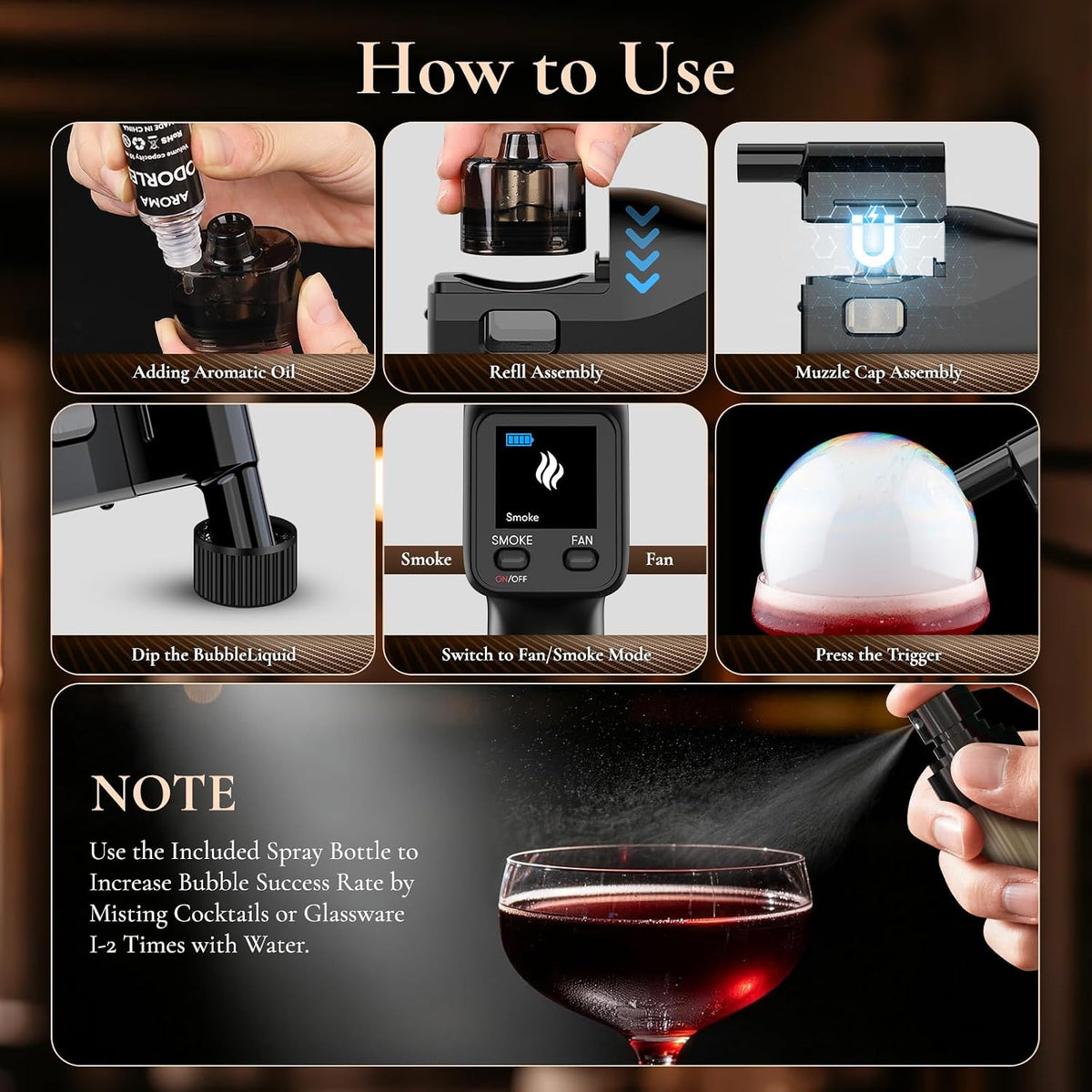 Cocktail Smoke Bubble Gun, Edible Bubbles & 4 Oils, Bartender Gift