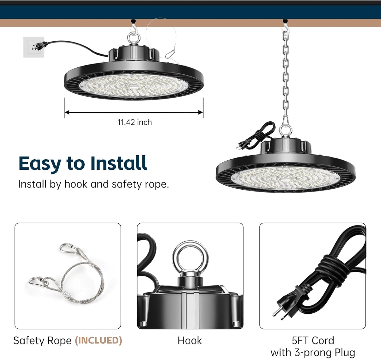 UFO LED High Bay Light 5000K 200W 30000LM AC100-277V with plug High Bay Led Shop Lights Suitable for Warehouse Workshop Factory Gym Garage Barn 6 Pack