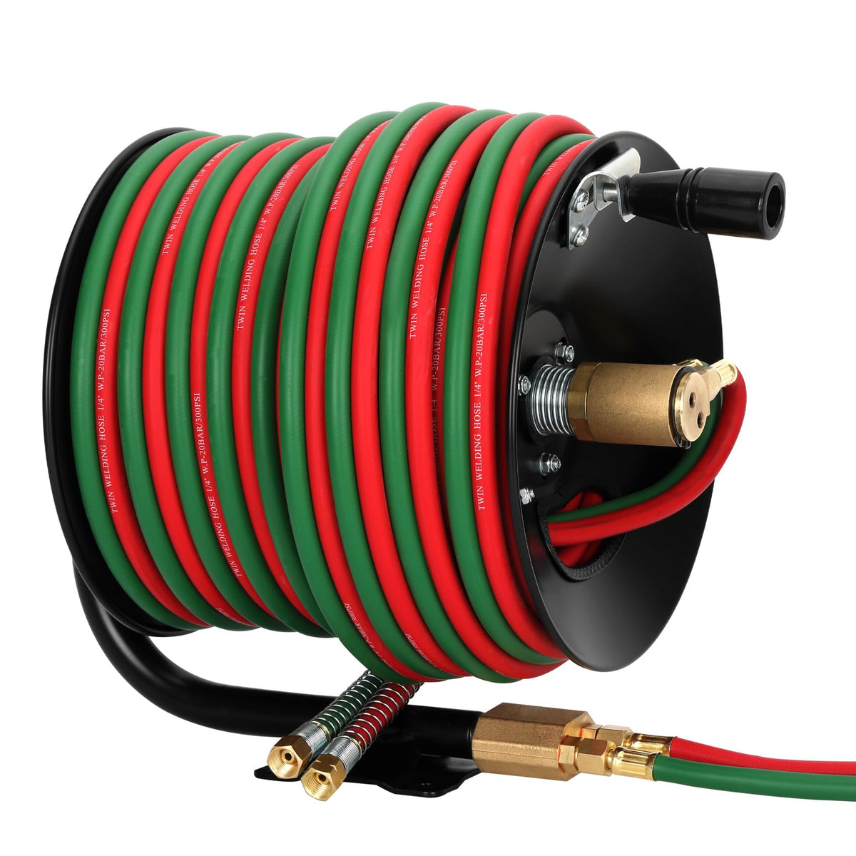 Manual Twin Welding Hose Reel Set, 1/4" ID 100ft Oxygen Acetylene Hose (Max 300 PSI, Grade T), Includes 3ft Lead-in Hose & 9/16"-18 B Fittings, Heavy Duty Steel Mount for Wall/Ceiling/Cart