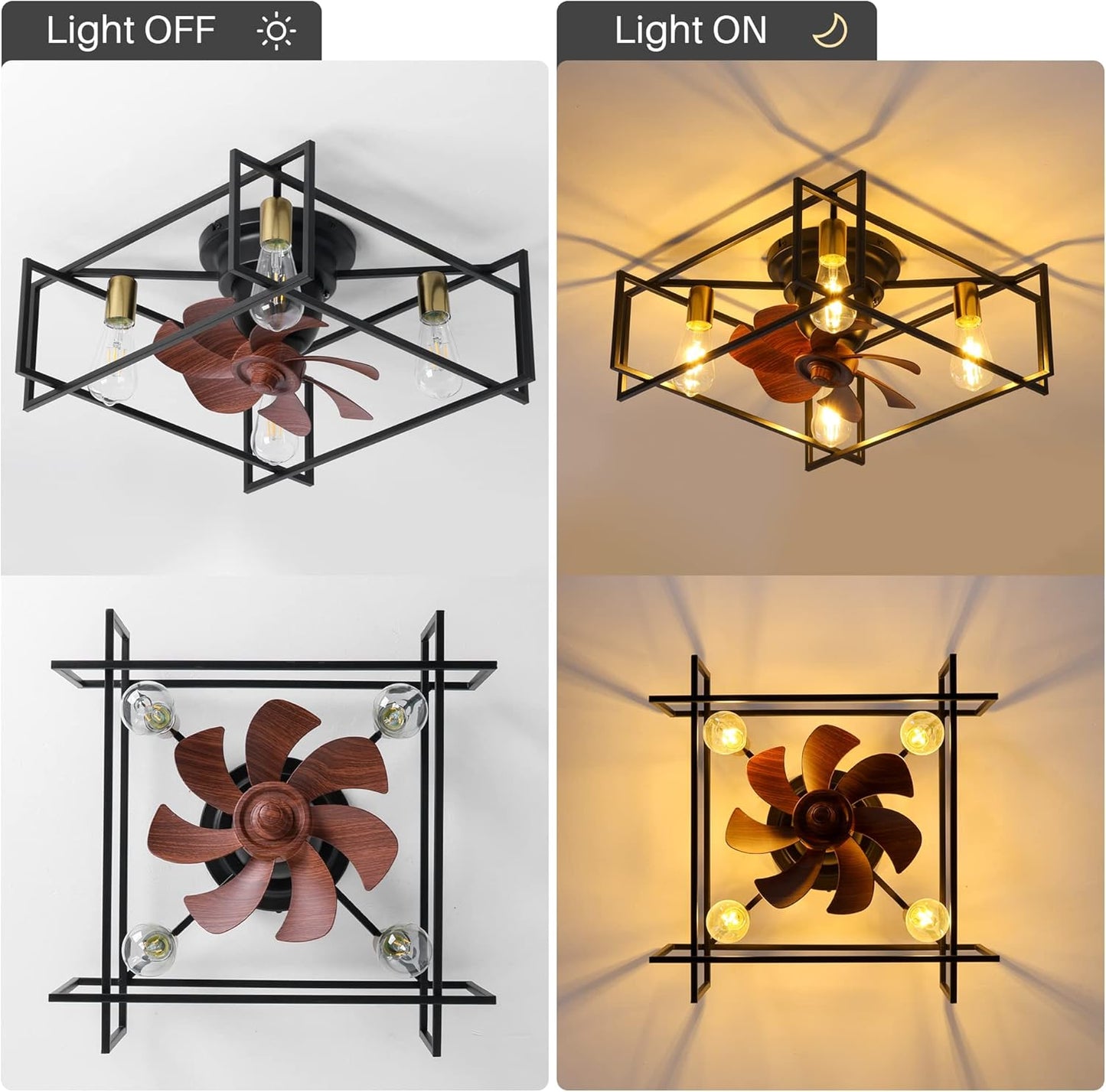 OSGNER Low Profile Ceiling Fans with Lights, Black Caged Ceiling Fan with Lights Remote Control, Square Bladeless Ceiling Fan with Light, Flush Mount